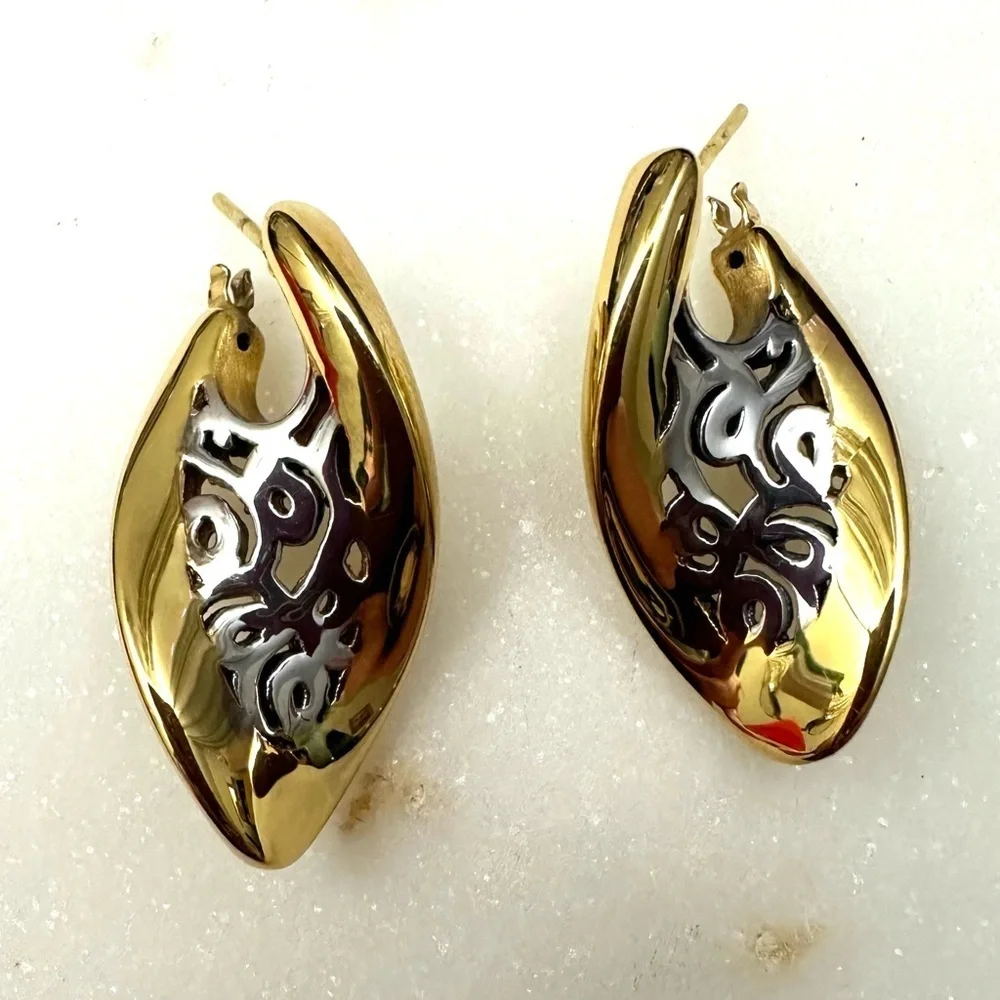 14k Golden Clef Arezzo Yellow & White Gold Polished Cutout Post Earrings 4.5g